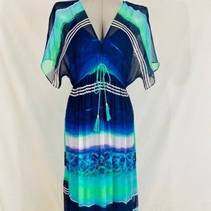 Blue Aqua Watercolor Print Silk Maxi Dress Medium